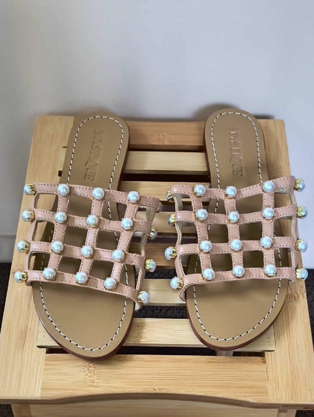 Mystique Boutique Tan Lattice Slide Sandals with Pearl Studs Size 8